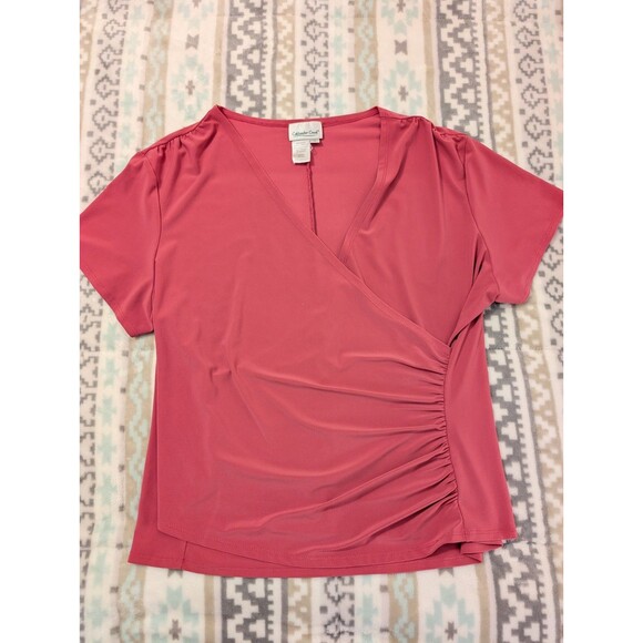 Coldwater Creek Small XL Top Pink Stretch Faux Wrap Deep V-Neck 3/4 Sleeve slim - Picture 1 of 11